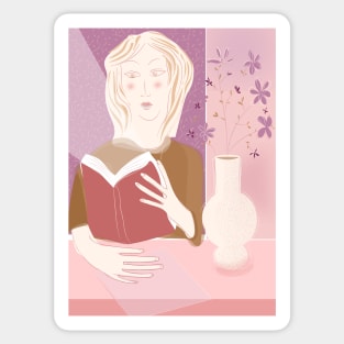 Reader girl with vase of flowers Sticker